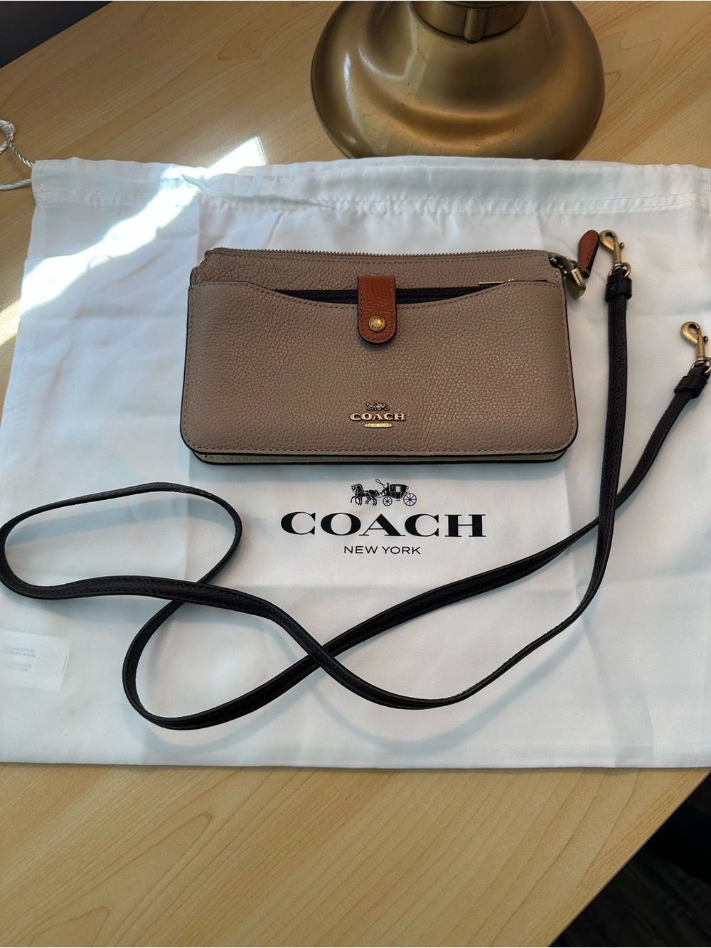 Coach Taupe Leather Crossbody with Maple Brown Accents